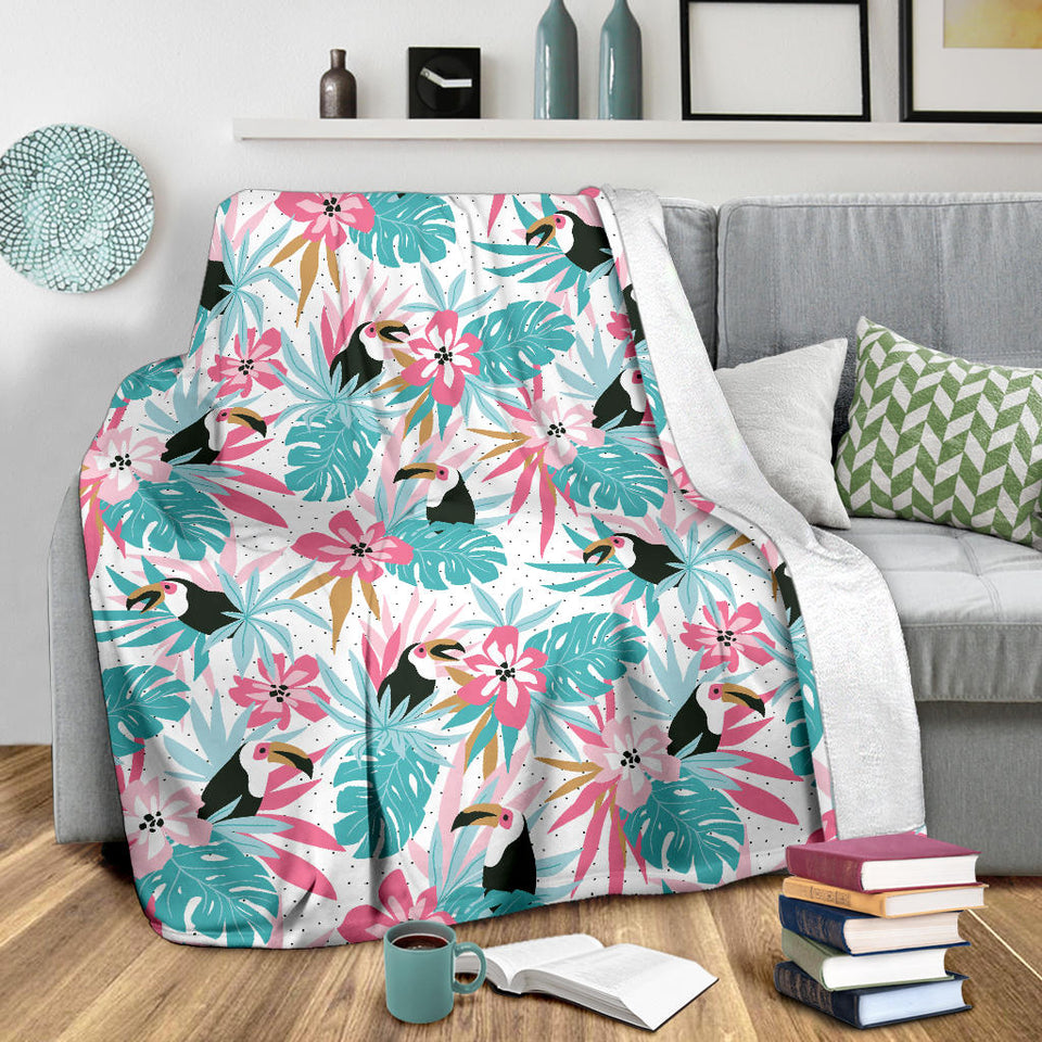 Toucan Tropical Flower Leave Pattern Premium Blanket