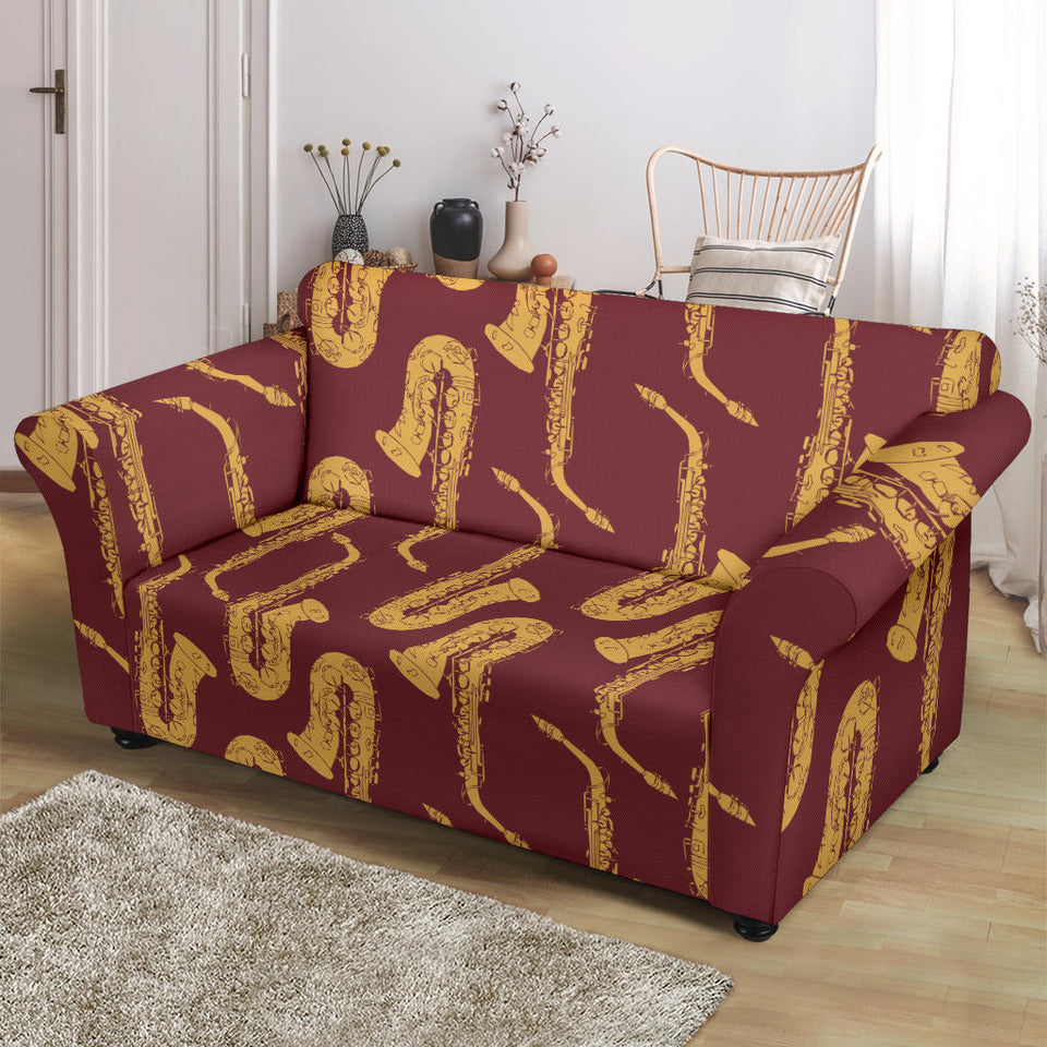 Hand Drawn Gold Saxophone Red Background  Loveseat Couch Slipcover