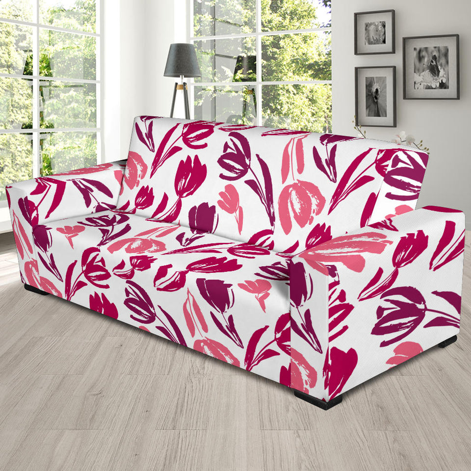 Pink Sketch Tulip Pattern Sofa Slipcover