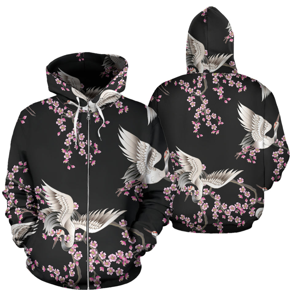 Japanese Crane Pink Sakura Pattern Zip Up Hoodie