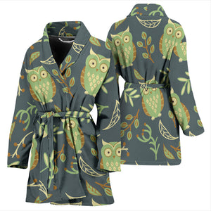 Cute Owls Leaves Pattern Women'S Bathrobe
