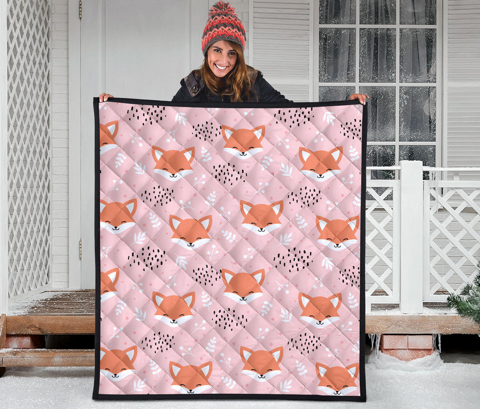 Cute Fox Pattern Pink Background Premium Quilt