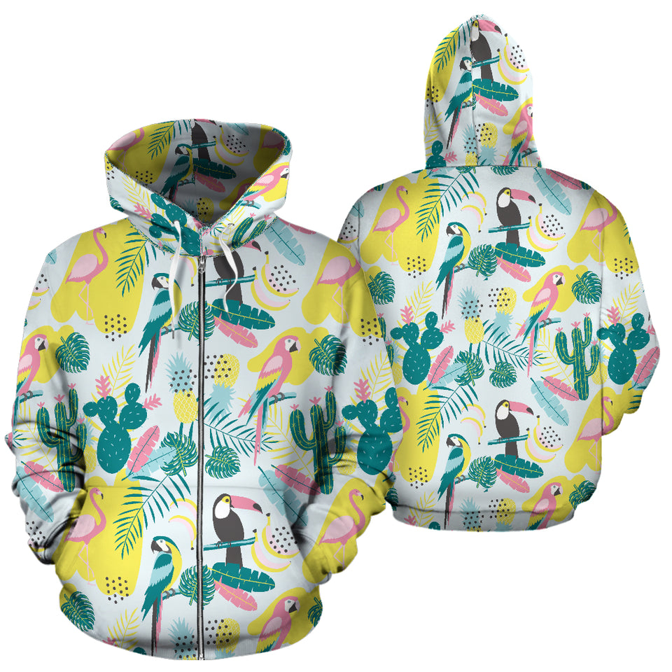 Cute Parrot Toucan Flamingo Cactus Exotic Leaves Pattern Zip Up Hoodie