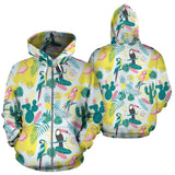 Cute Parrot Toucan Flamingo Cactus Exotic Leaves Pattern Zip Up Hoodie