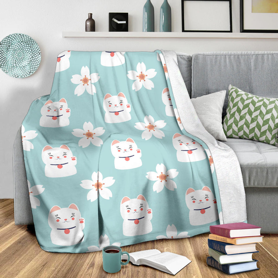 Maneki Neko Lucky Cat Sakura Premium Blanket