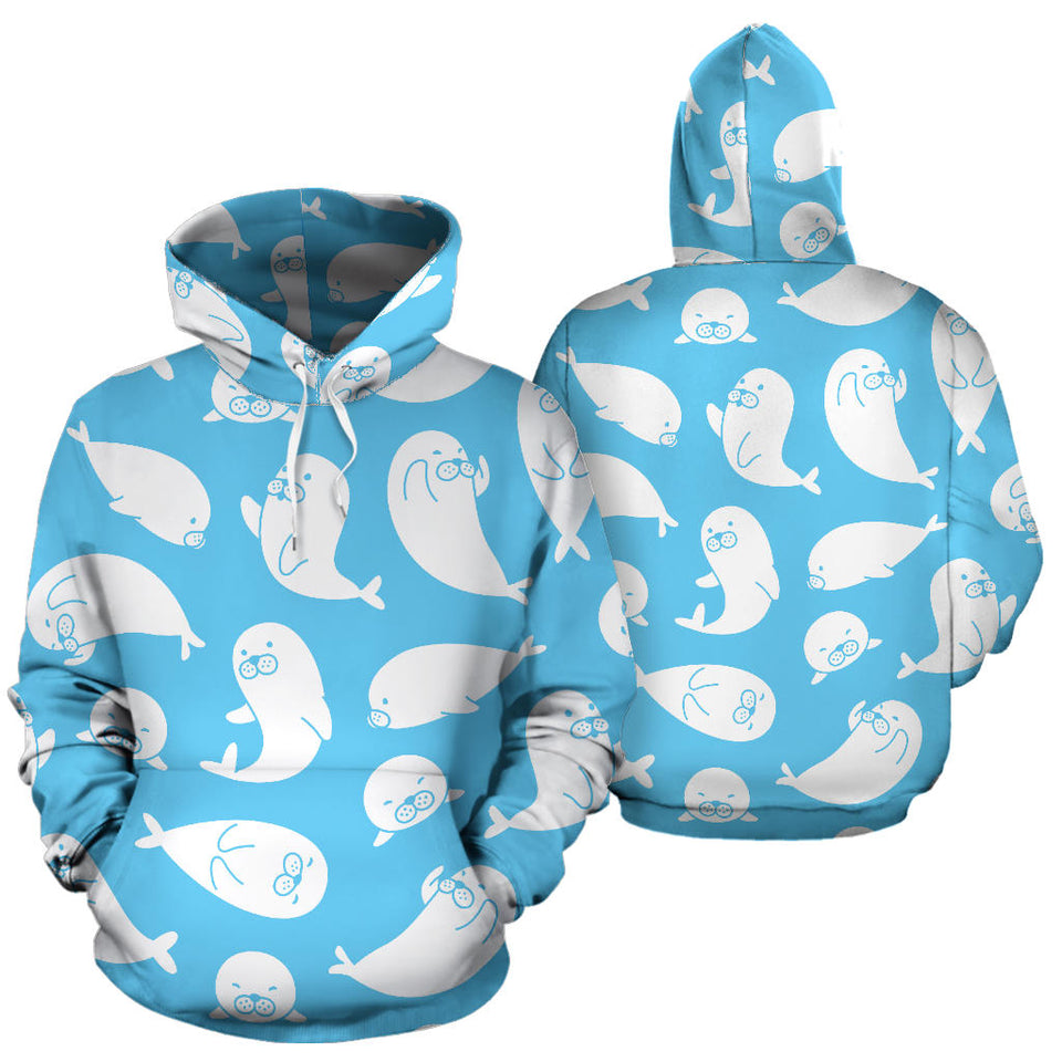 Cute White Sea Lion Seals Pattern Men Women Pullover Hoodie