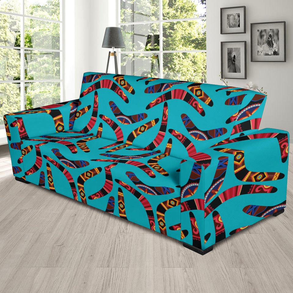 Boomerang Australian Aboriginal Ornament Blue Background Sofa Slipcover