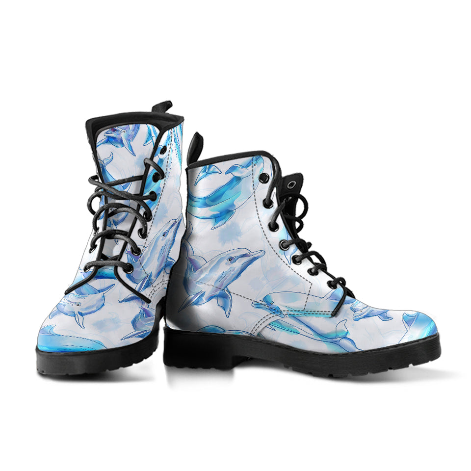 Watercolor Dolphin Pattern Leather Boots