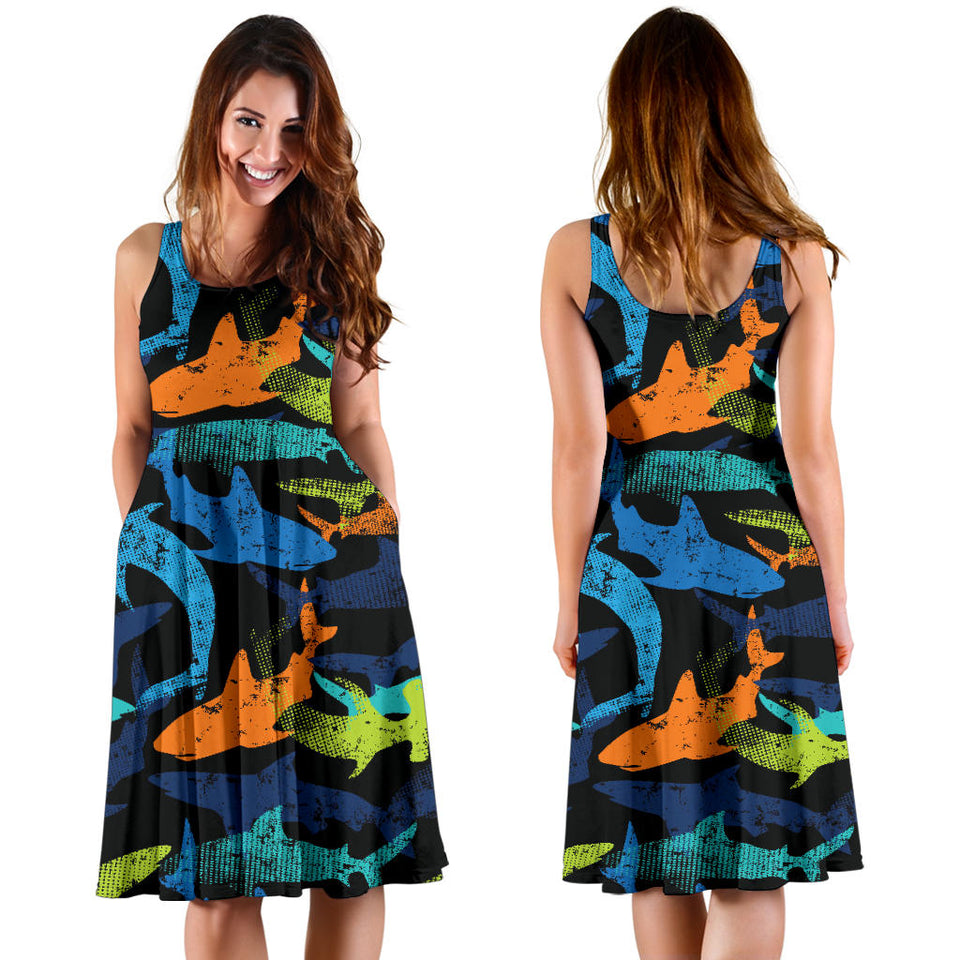 Colorful Shark Sleeveless Midi Dress