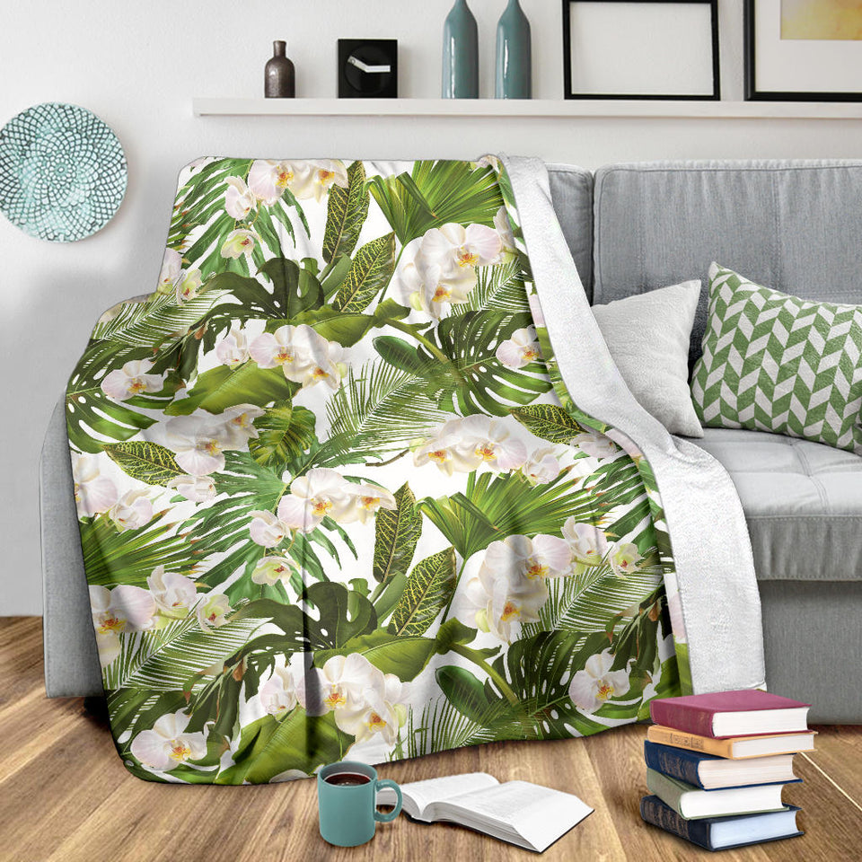 White Orchid Flower Tropical Leaves Pattern Premium Blanket