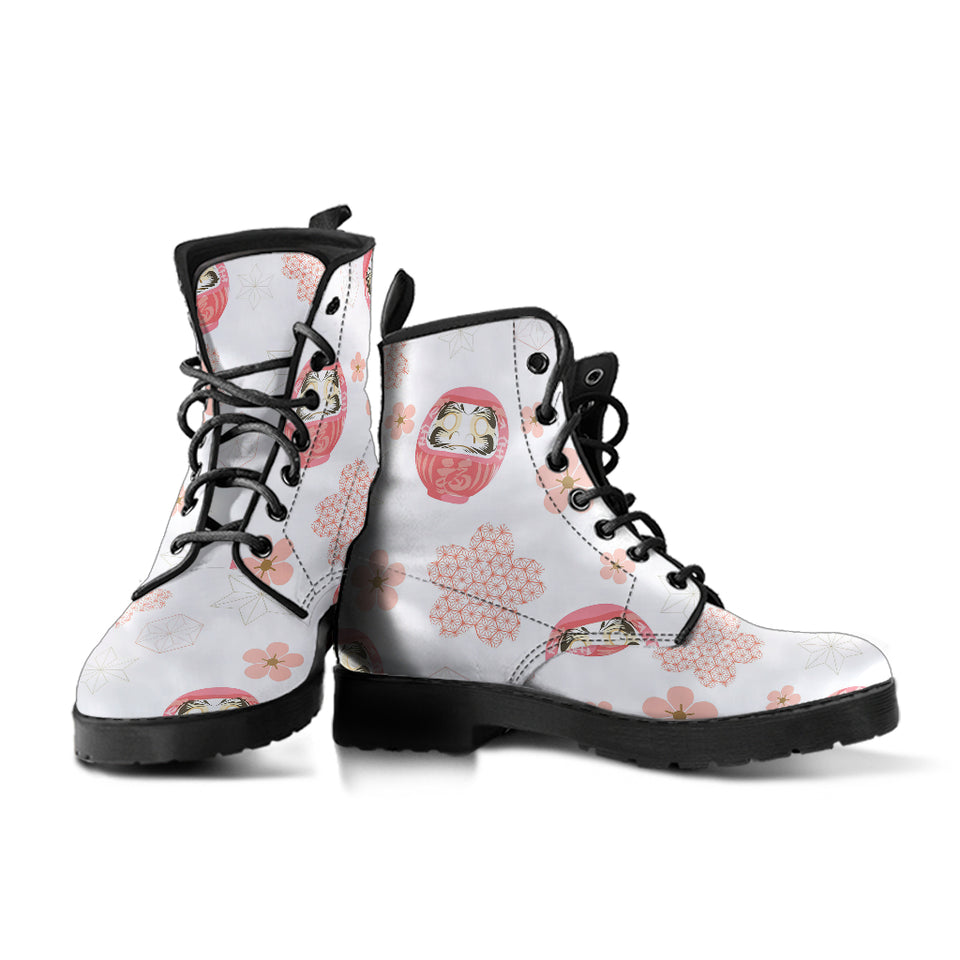 Daruma Japanese Wooden Doll Cherry Blossom Flower Pattern Leather Boots