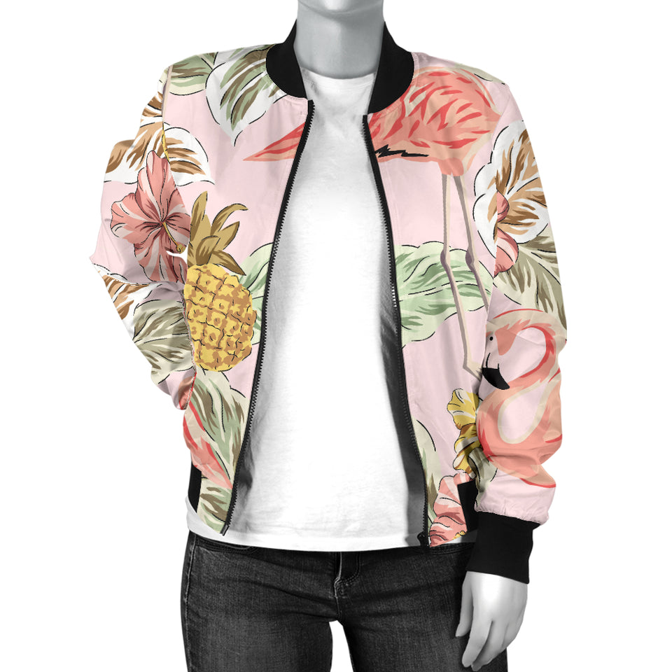 Pink Flamingo Birds Pineapples Hibiscus Flower Pattern Women'S Bomber Jacket