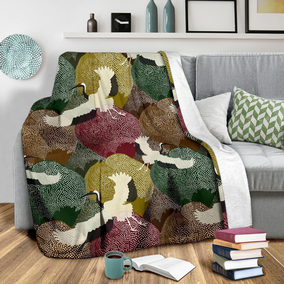 Japanese Cranes Flying Forest Dot Pattern Premium Blanket