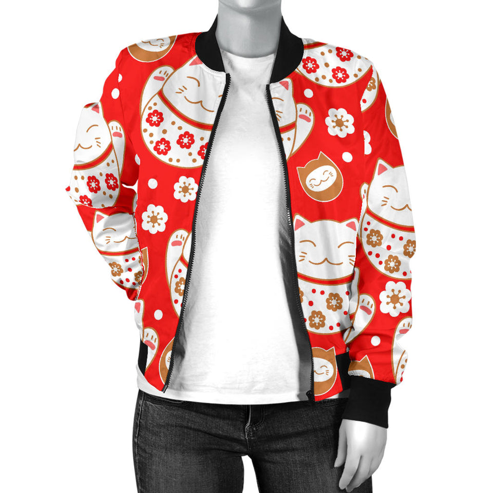 Cute Maneki Neko Lucky Cat Red Background Women'S Bomber Jacket
