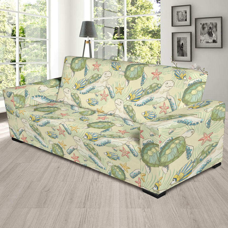 Hand Drawn Sea Turtle Fish Pattern Sofa Slipcover