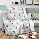 Airplane Cloud Grey Background Premium Blanket