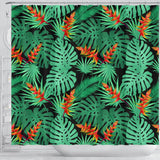Heliconia Flower Palm Monstera Leaves Black Background Shower Curtain Fulfilled In US