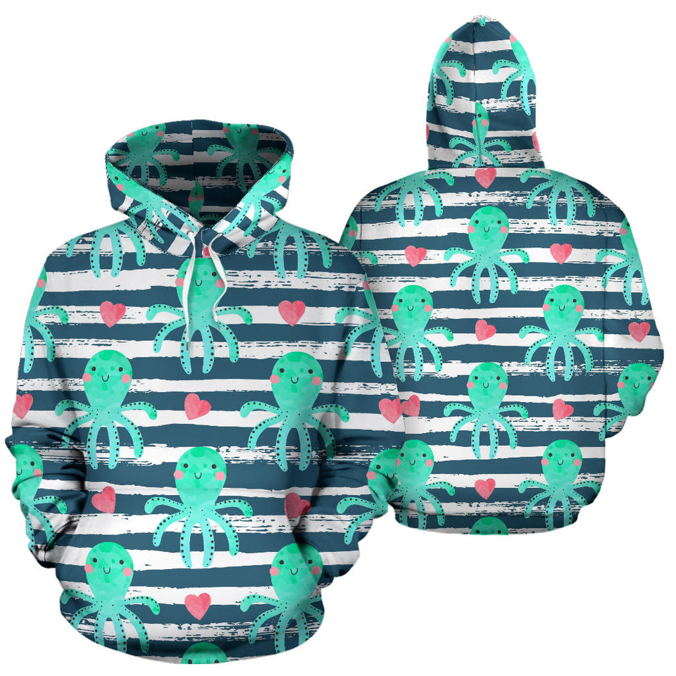 Cute Octopuses Heart Striped Background Men Women Pullover Hoodie