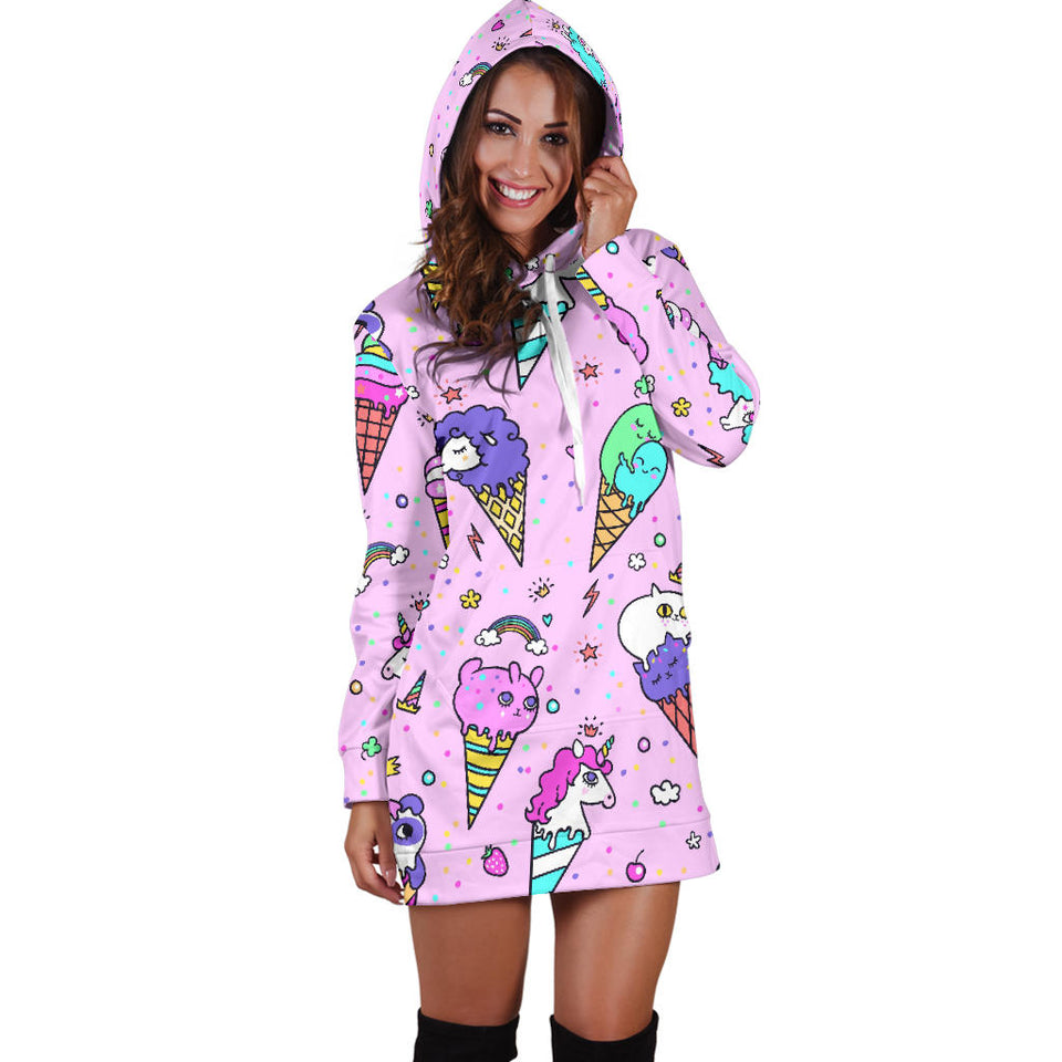 Cute Ice Cream Cone Animal Pattern Women'S Hoodie Dress