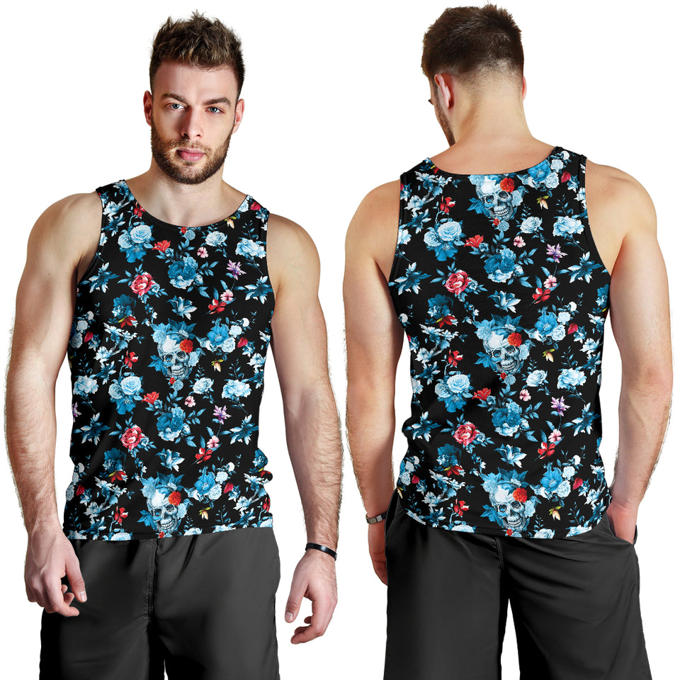 Skull flower roses leave pattern Men Tank Top