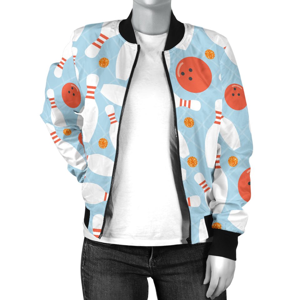 Bowling Ball Bowling Pins Blue Blackground Women'S Bomber Jacket