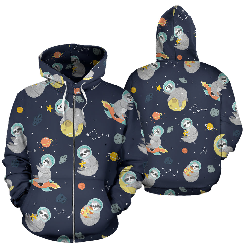 Cute Sloth Astronaut Star Planet Rocket Pattern Zip Up Hoodie