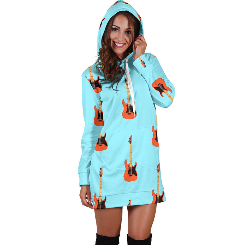 Electric Guitar Pattern Light Blue Background Women'S Hoodie Dress