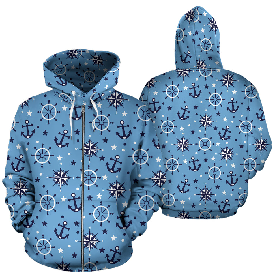 Anchors Rudder Compass Star Nautical Pattern Zip Up Hoodie