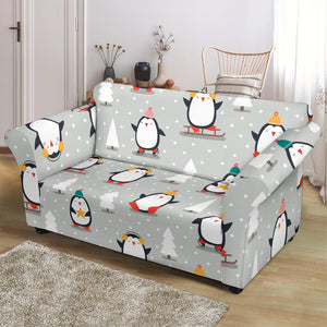 Cute Penguin Christmas Pattern Loveseat Couch Slipcover