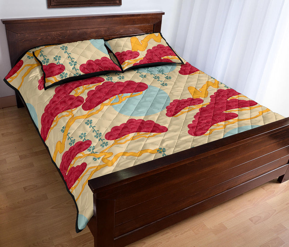 Red Bonsai gray sun japanese pattern Quilt Bed Set