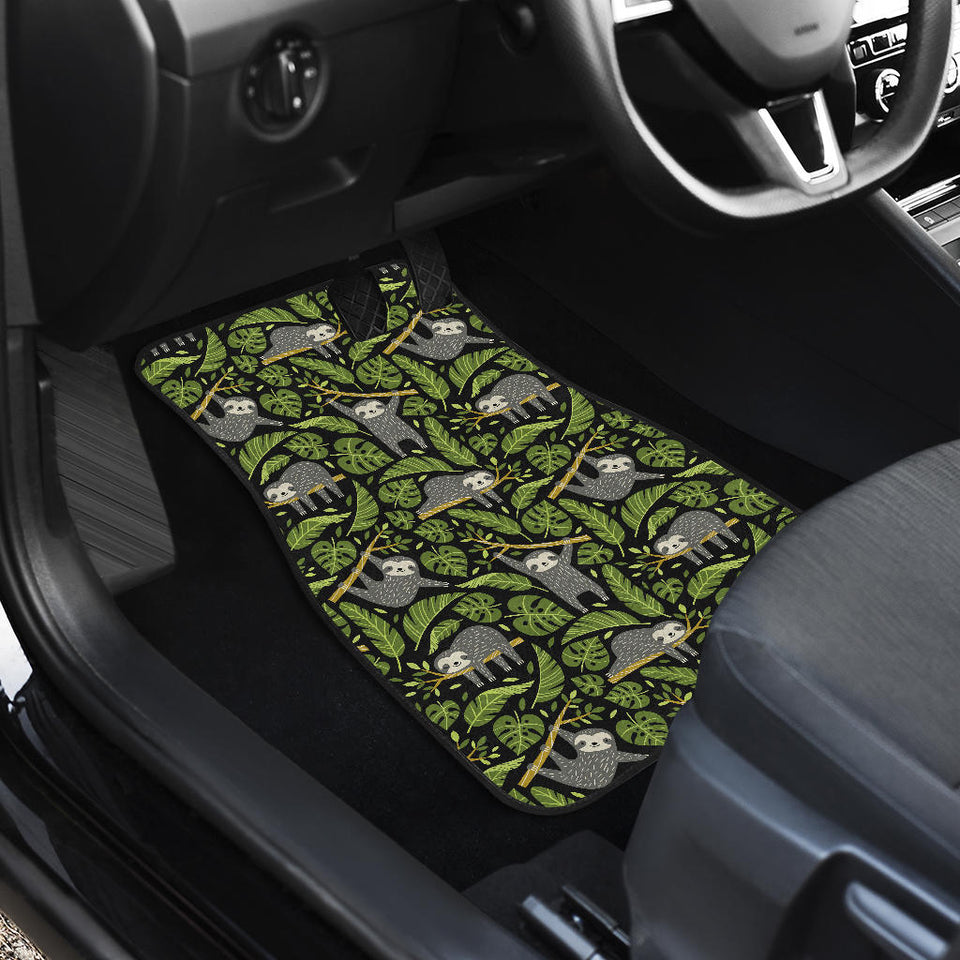 Cute Sloths Tropical Palm Leaves Black Background Front Car Mats