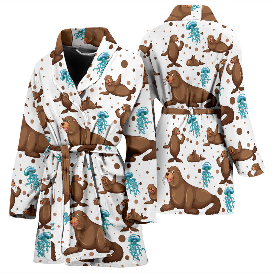 Sea Lion Seals Jellyfish Pattern Women'S Bathrobe