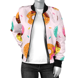 Donut Pattern Glaze Pink Background Women'S Bomber Jacket
