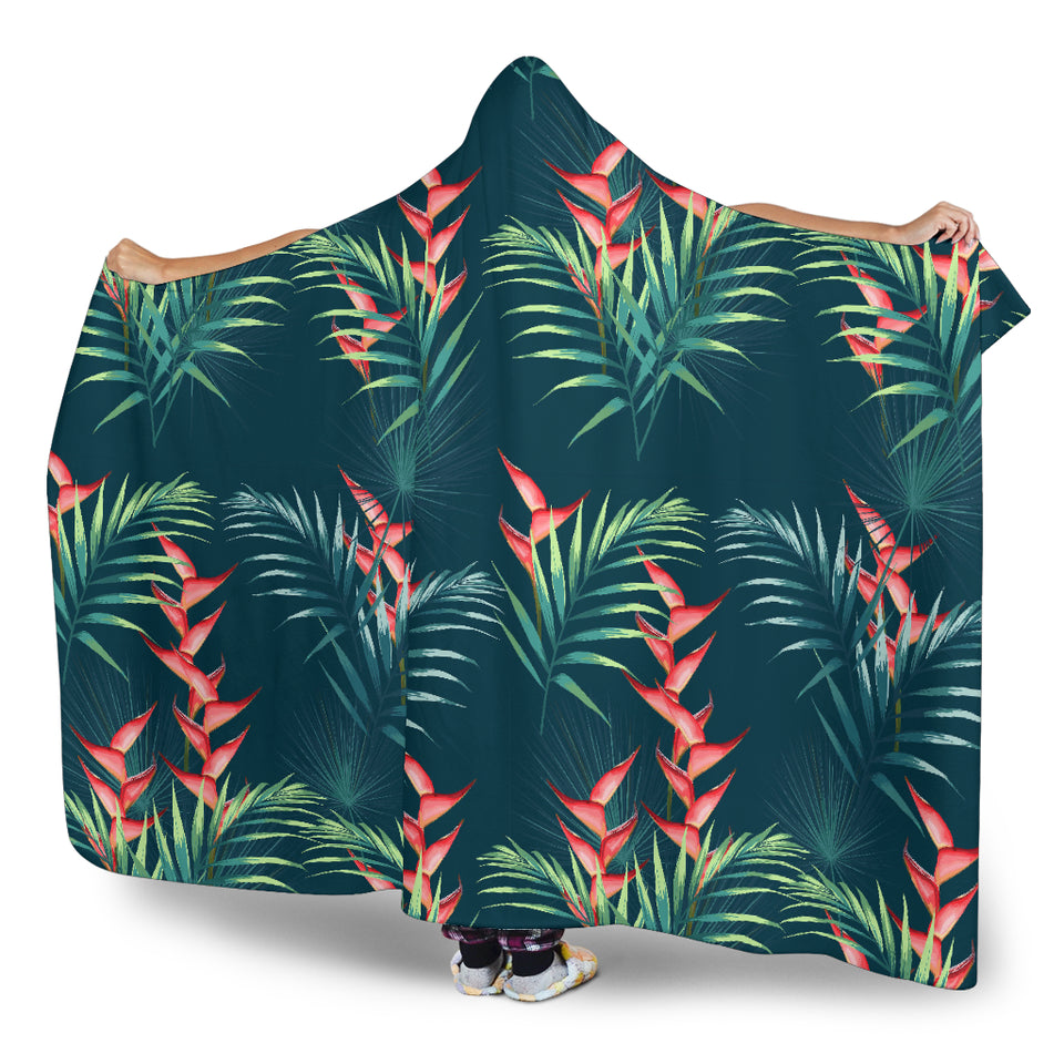 Heliconia Flowers, Palm And Monstera Leaves On Black Background Pattern Hooded Blanket