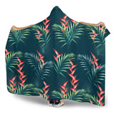 Heliconia Flowers, Palm And Monstera Leaves On Black Background Pattern Hooded Blanket