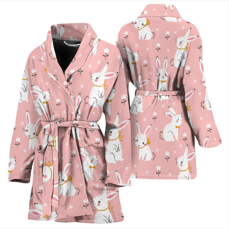 Cute White Rabbit Flower Pink Background Women'S Bathrobe