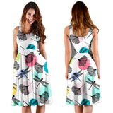 Dragonflies Ginkgo Leaves Pattern Sleeveless Midi Dress