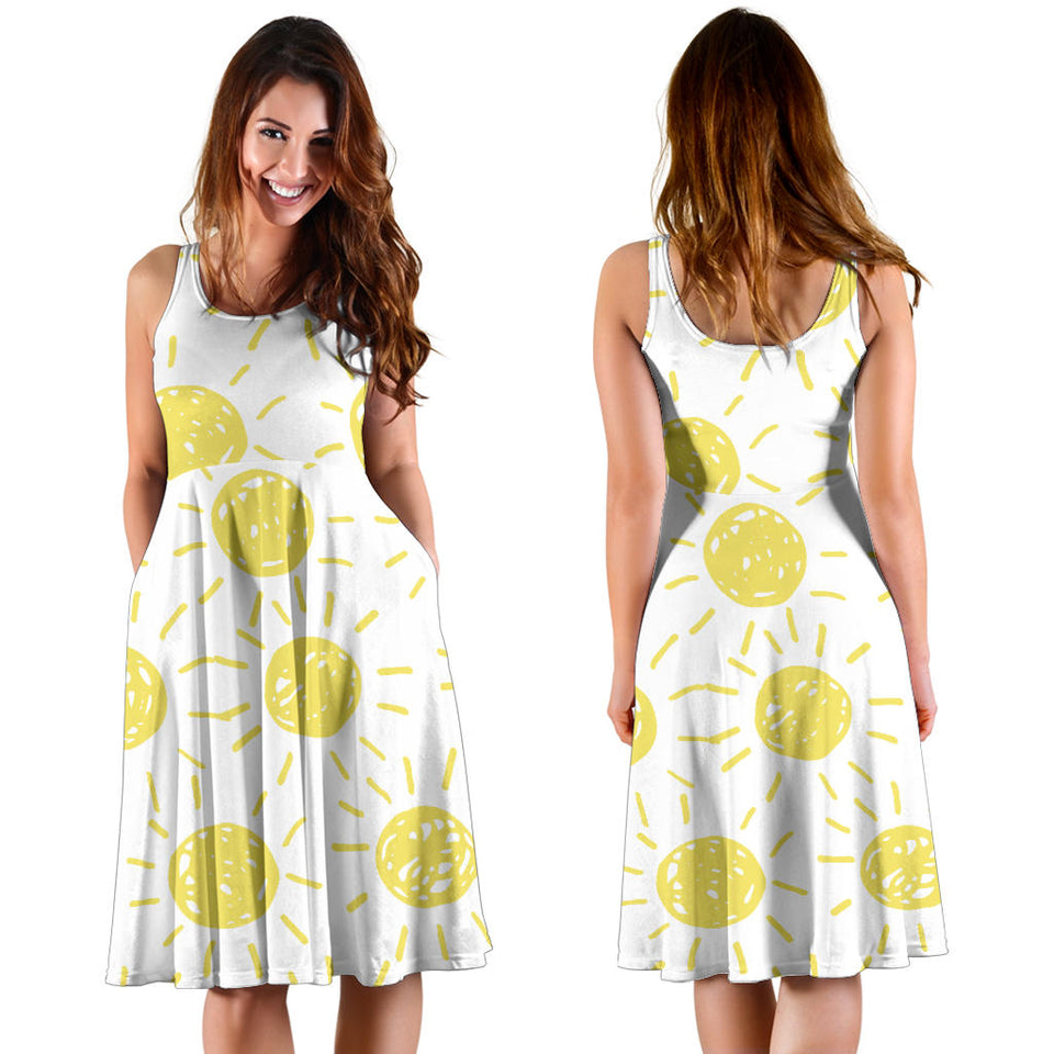 Hand Drawn Sun Pattern Sleeveless Midi Dress