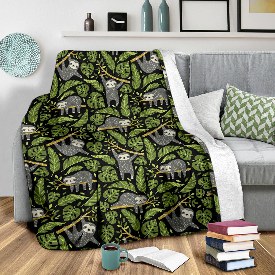 Cute Sloths Tropical Palm Leaves Black Background Premium Blanket