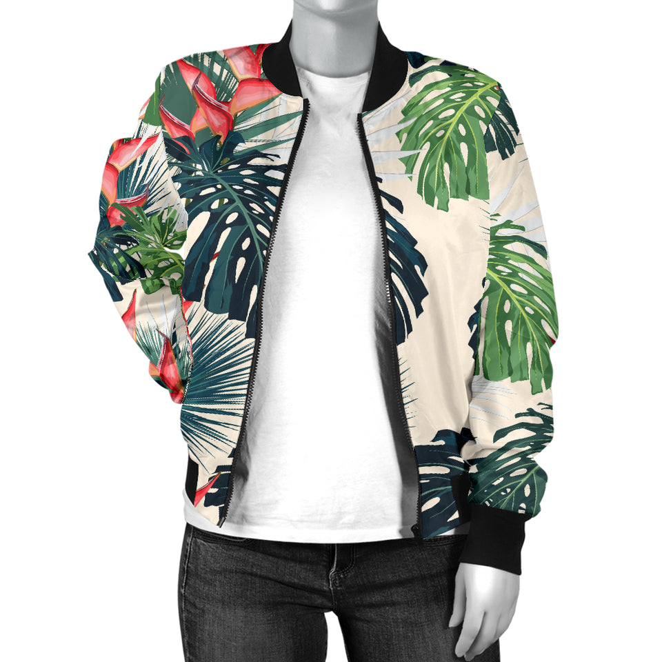 Heliconia Flowers, Palm And Monstera Leaves Women'S Bomber Jacket