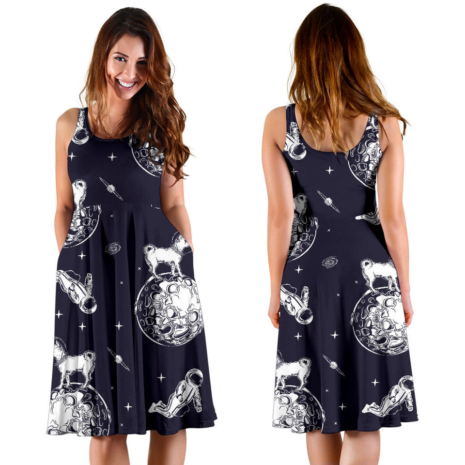 Chihuahua Space Helmet Astronaut Pattern Sleeveless Midi Dress