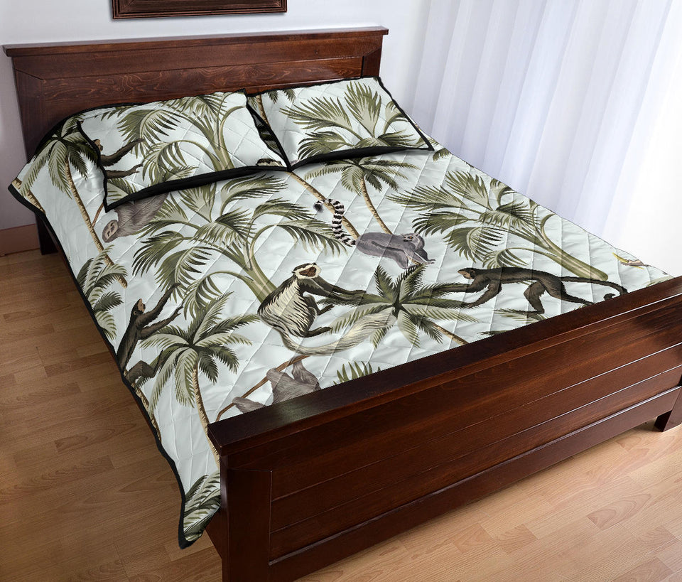 Monkey sloth lemur palm trees pattern Quilt Bed Set