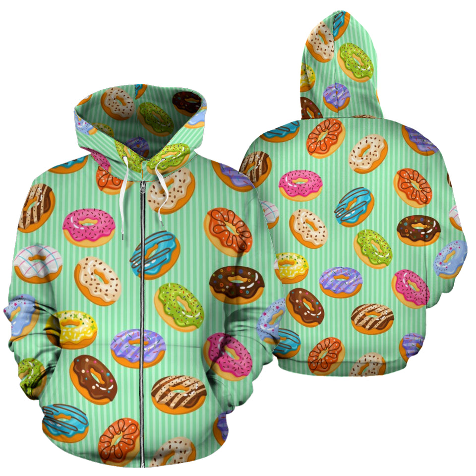 Colorful Donut Pattern Green Background Zip Up Hoodie