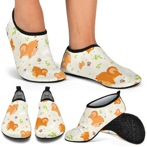 Cute Brown Pomeranian Paw Leave Bone Pattern Aqua Shoes