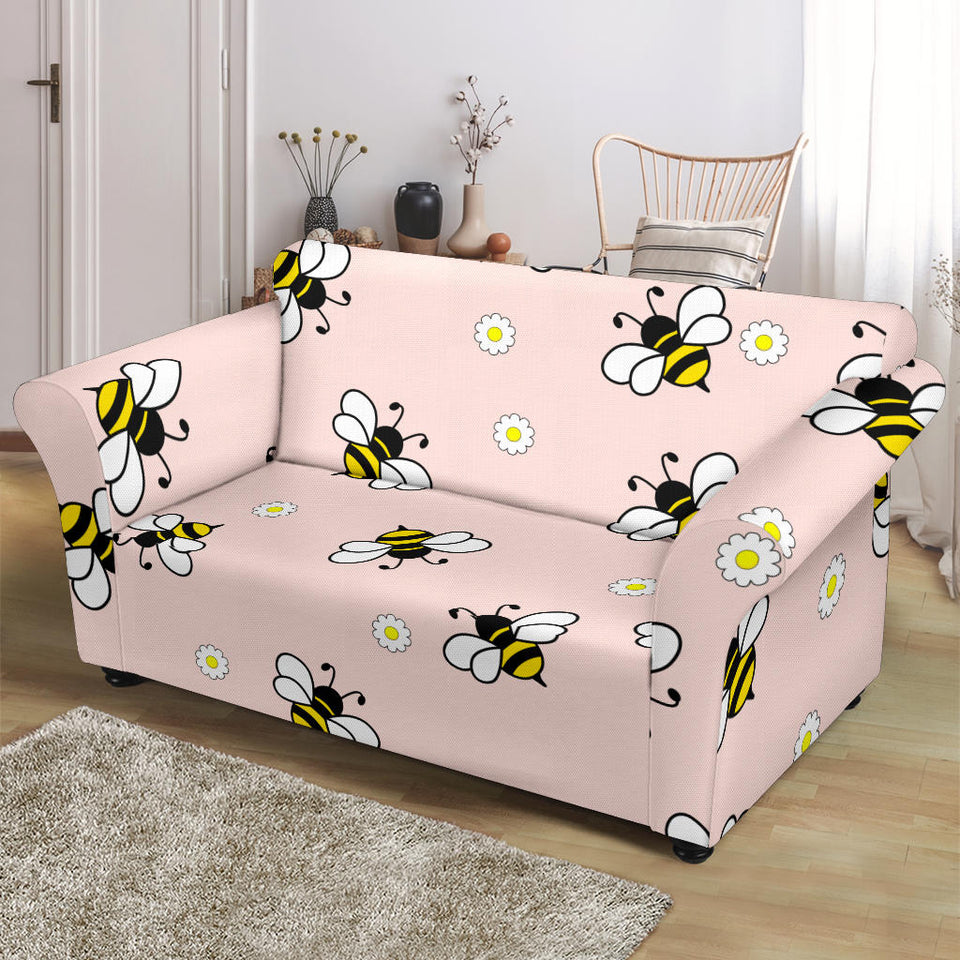 Cute Bee Flower Pattern Pink Background Loveseat Couch Slipcover