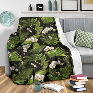 White Orchid Flower Tropical Leaves Pattern Blackground Premium Blanket