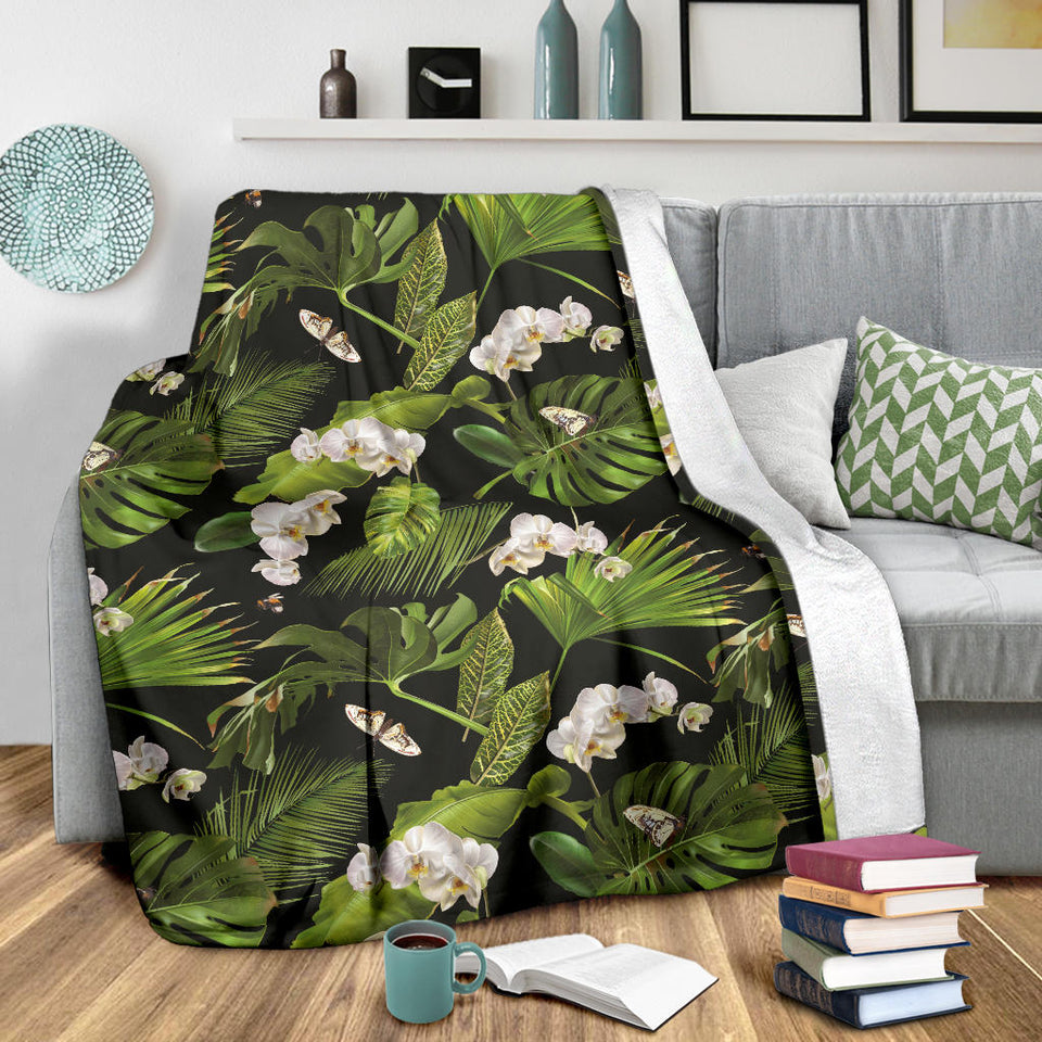 White Orchid Flower Tropical Leaves Pattern Blackground Premium Blanket