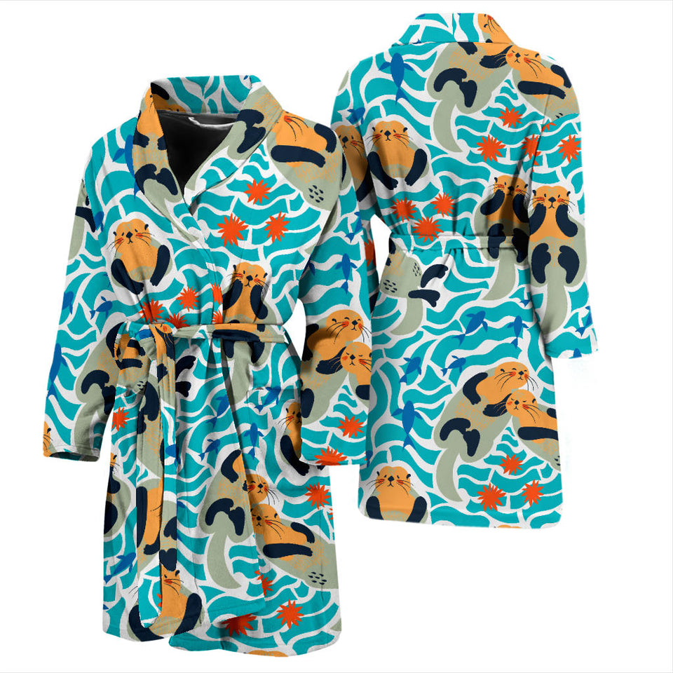 Cute Sea Otters Fishe Sea Urchin Pattern Men'S Bathrobe