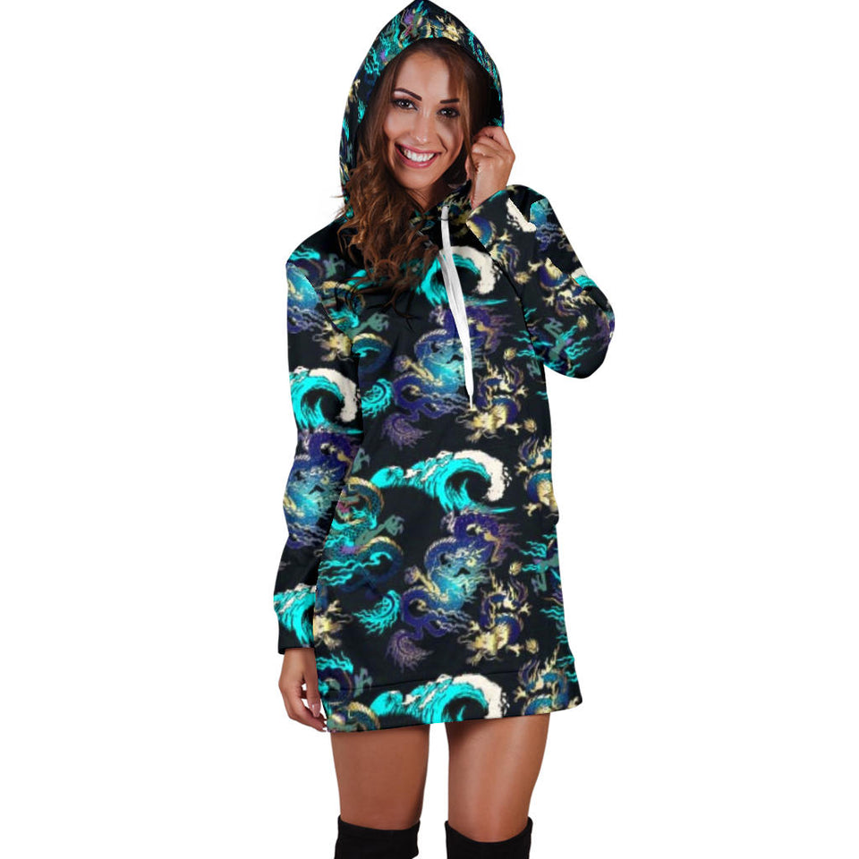 Dragon Sea Wave Pattern Women'S Hoodie Dress
