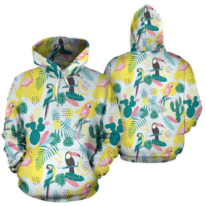 Cute Parrot Toucan Flamingo Cactus Exotic Leaves Pattern Men Women Pullover Hoodie